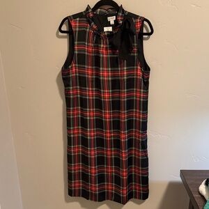 J Crew black red plaid dress with ruffle collar and bow. New with tags.